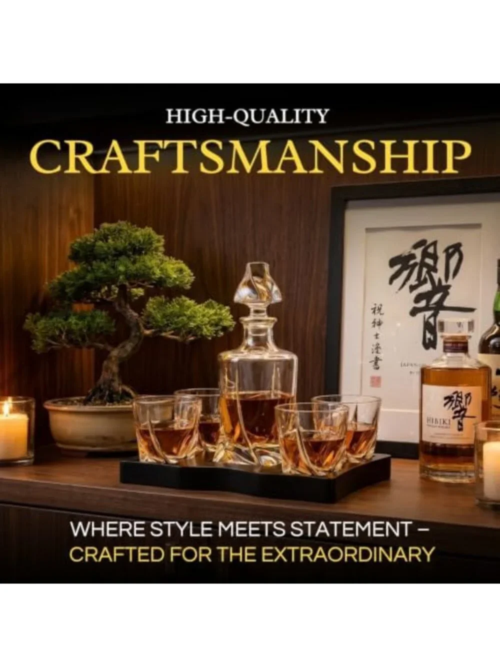 Elegant Japanese Crystal Whisky Decanter Set with 4 Tumbler Glasses - Lead-Free